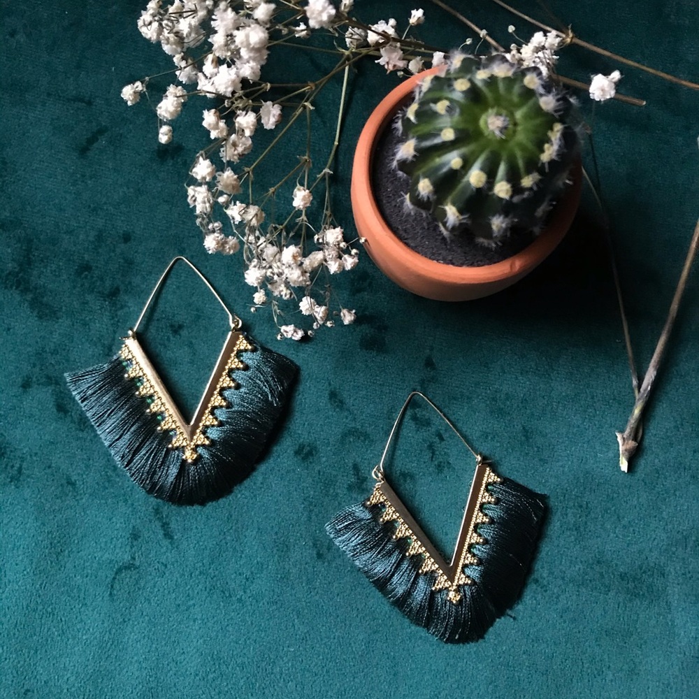 SOLD - Emerald City Green V Shape Fringe Earrings